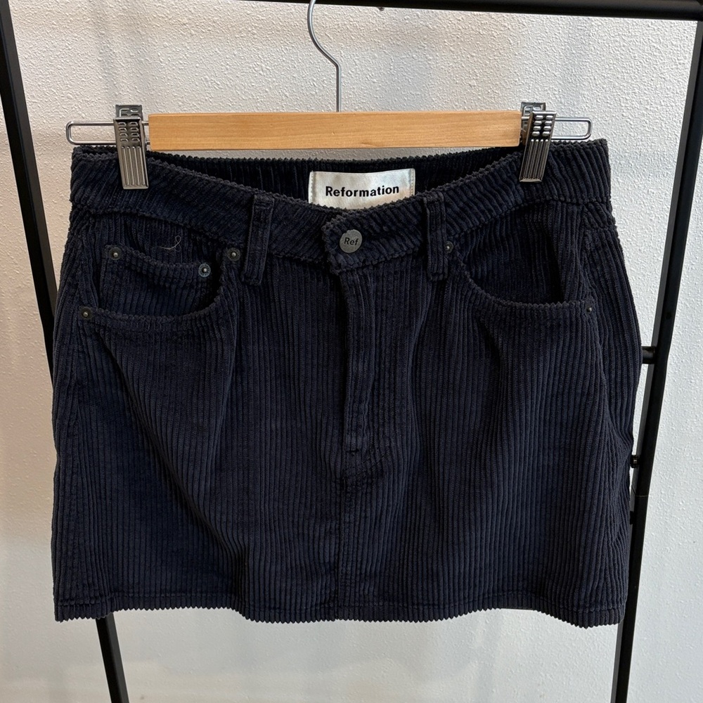 Reformation Dark Blue Corduroy Mini Skirt